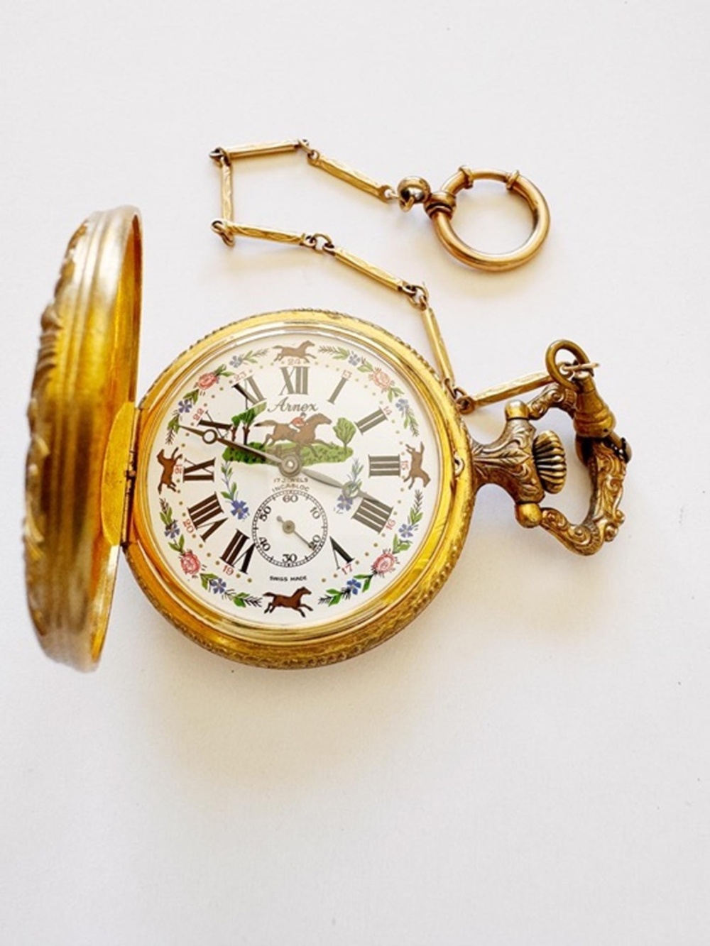 Vintage Arnex Swiss Pocket Watch Horse Racing Dial 17 Jewels 1/20 12K GF Chain